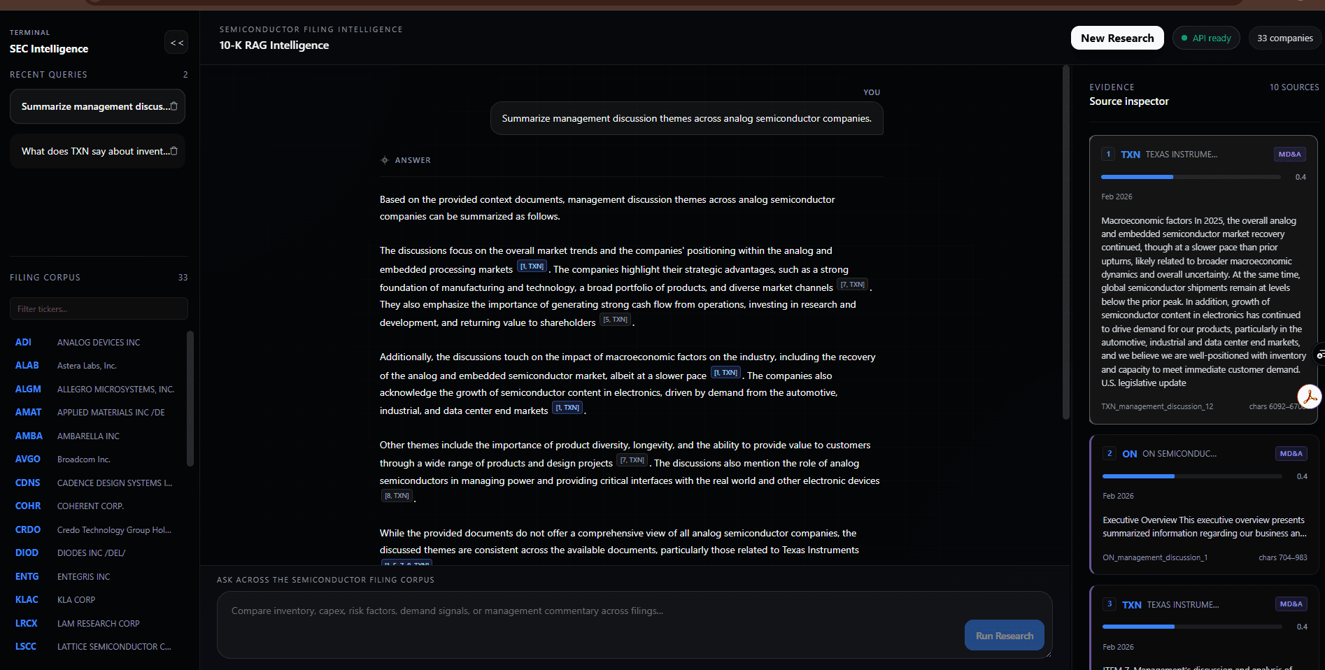 SEC RAG Engine interface showing financial query analysis